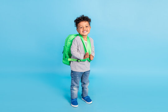 Full length body size view of nice cheerful boy going to first grade isolated over bright blue color background