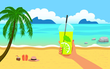 Summer vacation on the beach. The girl is holding a glass with a cocktail. Summer beach with palm tree, coconut and beach items