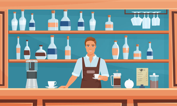 Cafe, coffeeshop bar or restaurant business with barista staff vector illustration. Cartoon hipster character in apron holding coffee cup, standing in vintage bar interior with alcohol on wood shelves