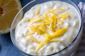 Traditional Delicious Turkish dessert; Lemon rice pudding (Turkish name; Limonlu Sutlac)