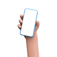 Cartoon hand holding a smartphone with a blank screen. 3D Rendering