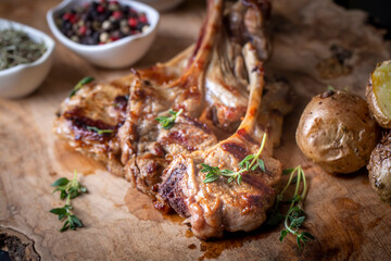 Grilled lamb chops and potatoes in delicious view