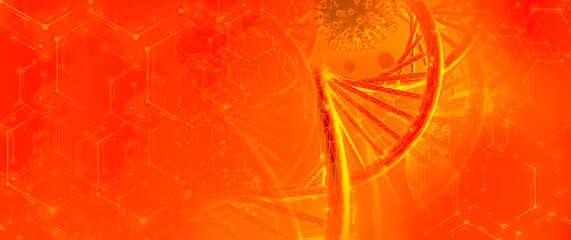 3D illustration DNA sequence and COVID-19 infection virus cells. Abstract image coronavirus. World pandemic delta variant on planet Earth. Background