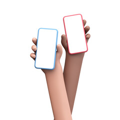 Two cartoon hands holding smartphones with a blank screen. 3D Rendering