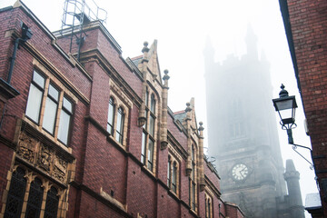Old house and gloomy, mystic tower in fog, creepy and romantic, Halloween feel, with gothic notes.