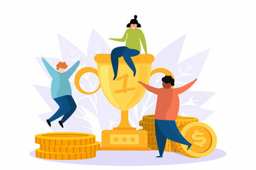 Team of happy employees winning award and celebrating success. Business people enjoying victory, getting gold cup trophy. Vector illustration for reward, prize, champions concepts