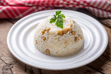 Turkish Rice with chickpea served, Turkish name; Nohutlu pilav or pilaf