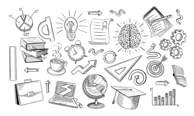 Online education doodles set. Hand drawn distan learning objects in sketchy vintage style. Vector illustration.