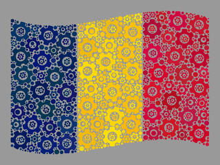 Mosaic waving Chad flag designed with wheel items. Vector cog mosaic waving Chad flag designed for mechanical advertisement. Chad flag collage is composed from random settings items.