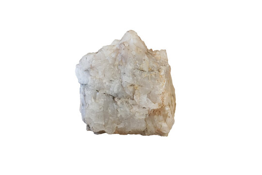 Raw specimen of crystal quartz gemstone rock isolated on white background. It has a hardness of 7 on the Moh's scale.