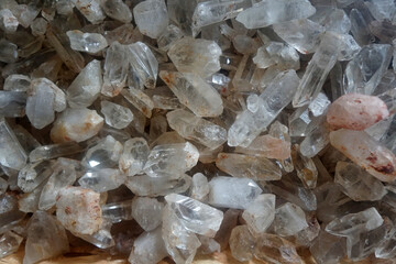 Raw specimen of crystal quartz gemstone rock. It has a hardness of 7 on the Moh's scale.