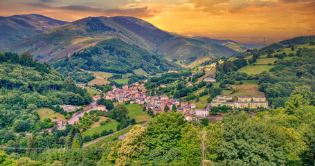 Panoramic view of Pola de Allande in Asturias, Spain. - obrazy, fototapety, plakaty