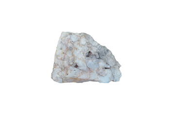 Raw white quartz rock stone isolated on white background. Quartz grows in primarily in pegmatites.