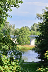 Fototapeta na wymiar Bridge over the river between trees on a sunny day. Summer. Day.