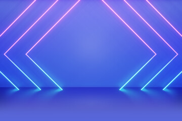 Blue backdrop neon lighting effect pink blue with glow background. 3D illustration rendering.