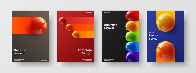 Isolated company brochure design vector layout bundle. Multicolored 3D balls poster concept collection.