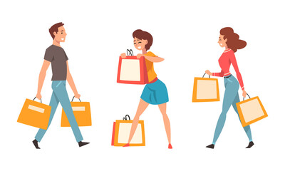 People Character with Shopping Bags Making Purchase in Shopping Mall Vector Set