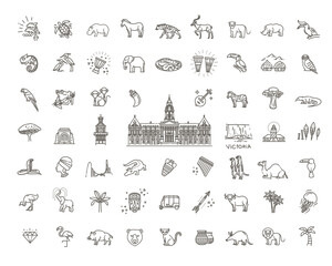 Africa jungle ethnic culture travel icons set outline isolated vector illustration