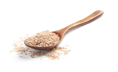 Wooden spoon with wheat bran on white background