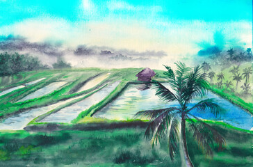 Watercolor hand drawn illustration. Landscape with palm, terraces, rice field, morning, tropical nature. Asian nature, Bali, Indonesia, China