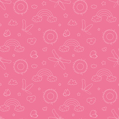 Seamless vector pattern with cute hand drawn dragonfly and dandelions. Line objects. Soft vintage summer background for nursery art, print, gift, fabric, textile, wrapping paper, wallpaper, package.