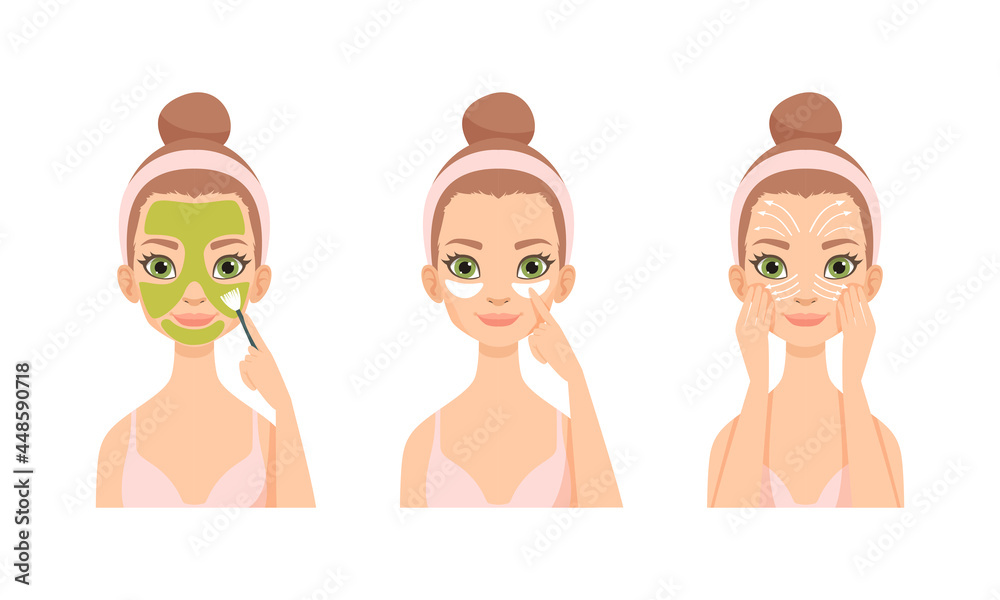 Wall mural Face Care Routine with Young Girl with Pink Headband Applying Mask and Massaging Skin with Fingers Vector Set