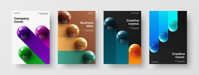 Clean 3D spheres catalog cover illustration composition. Abstract postcard A4 vector design concept set.