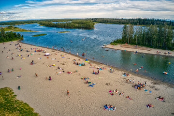Aerial View of a popular Swimming Beach in Fairbanks, Alaska at the Tanana Lakes State Recreation Area