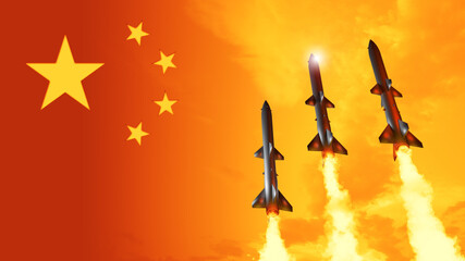 China flag with missiles. China nuclear missile attack.