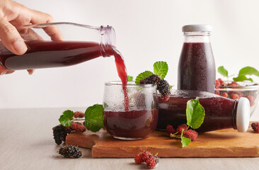 Mulberry Shrub, Juice or liqueur in glass bottles, mulberry juice for health, reduce cholesterol,...