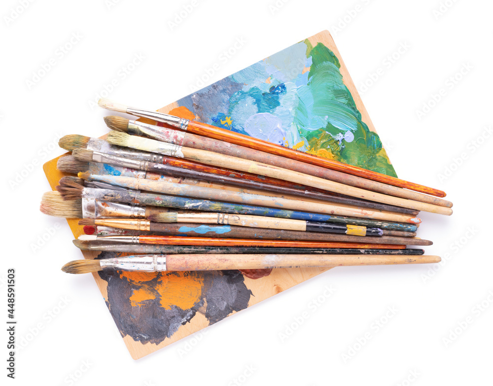 Poster paint brush and palette for art painting isolated on white background. paintbrush for oil painting