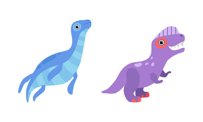 Funny Dinosaur with Flipper and Purple Skin as Cute Prehistoric Creature and Comic Jurassic Predator Vector Set