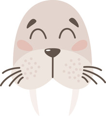 Vector illustration wit cute baby warlus head in beige colors, nursery nautical arctic animal
