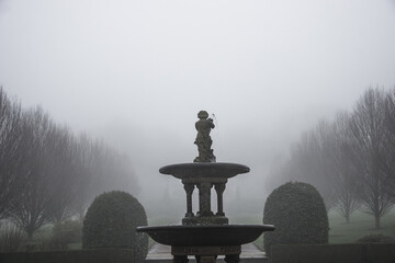 English park in the fog and mist, gloomy and broody mood, contemplate and melancholy, goth feel.