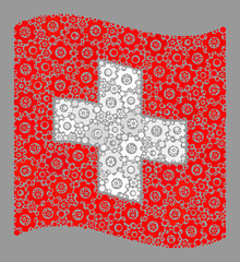 Mosaic waving Swiss flag designed of industry icons. Vector gear mosaic waving Swiss flag created for control advertisement. Swiss flag collage is created of randomized industry items.