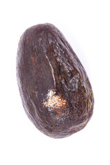 Old avocado with mold on white background, unhealthy and disgusting food