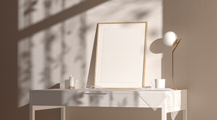 Blank wood a4 frame mock up interior background - obrazy, fototapety, plakaty