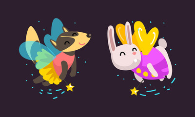 Fototapeta premium Winged Dog and Hare Flying with Magic Wand Vector Set