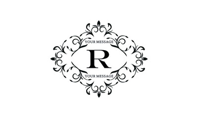 Exquisite monogram for invitation cards with the letter R. Graphic design of the page, boutique, cafe, hotel, business.