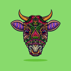 Cow head ornament illustration with lines and colors, vector illustration