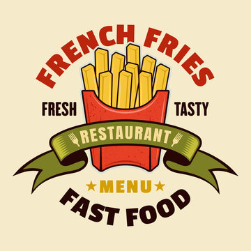 French fries fast food restaurant menu vector colorful emblem, badge, label, sticker or logo in cartoon style isolated on light background