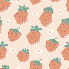Seamless geometric pattern with strawberries and flowers in pastel colors. Background with summer berries. Illustration in flat style for children's clothing, textiles, wallpapers. Vector