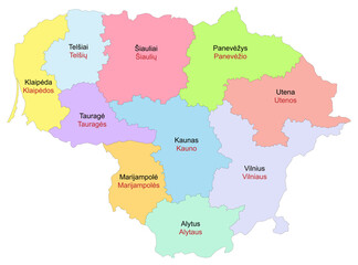 Fototapeta na wymiar Carte de Lituanie avec divisions administratives par Apskritis - Libellés des subdivisions territoriales en anglais et en lituanien - Textes vectorisés et non vectorisés sur calques séparés