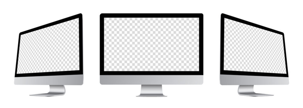 Realistic computer monitor devices mockup set : front, left-side, right-side views. Perspective mock-up sideways view. Isolated silver PC with empty screens. Vector illustration.