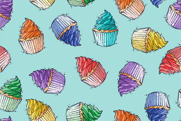 Seamless pattern of cupcakes of rainbow colors, vector