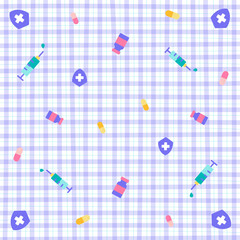 Cute Ornament Element Covid Vaccine Medicine Pastel Violet Purple Lilac Gingham Pattern Editable Stroke. Cartoon Illustration Cloth, Picnic Mat, Fabric pattern, Textile, Scarf, Wrapping Paper.