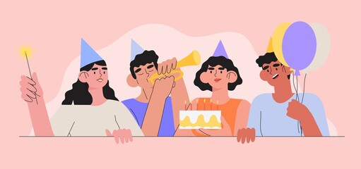 Group of smiling people celebrating birthday or anniversary. Men and women have birthday party with baloons, cake and sparkler. Concept of grand opening, company or team bday, successful deal startup.