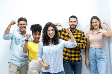 successful caucasian businesswoman in a business meeting. Front view of smiling group of mixed race freelancers working at home