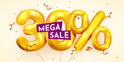 30 percent Off. Discount creative composition of golden balloons. 3d mega sale or thirty percent bonus symbol with confetti. Sale banner and poster. - obrazy, fototapety, plakaty