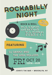 Rockabilly Retro Dance Party DJ Bar Poster Template - obrazy, fototapety, plakaty